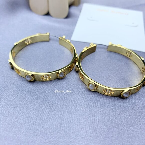 Tory Burch Pierced Pearl Hoop Earrings - GOLD with Dust Bag - Picture 4 of 4
